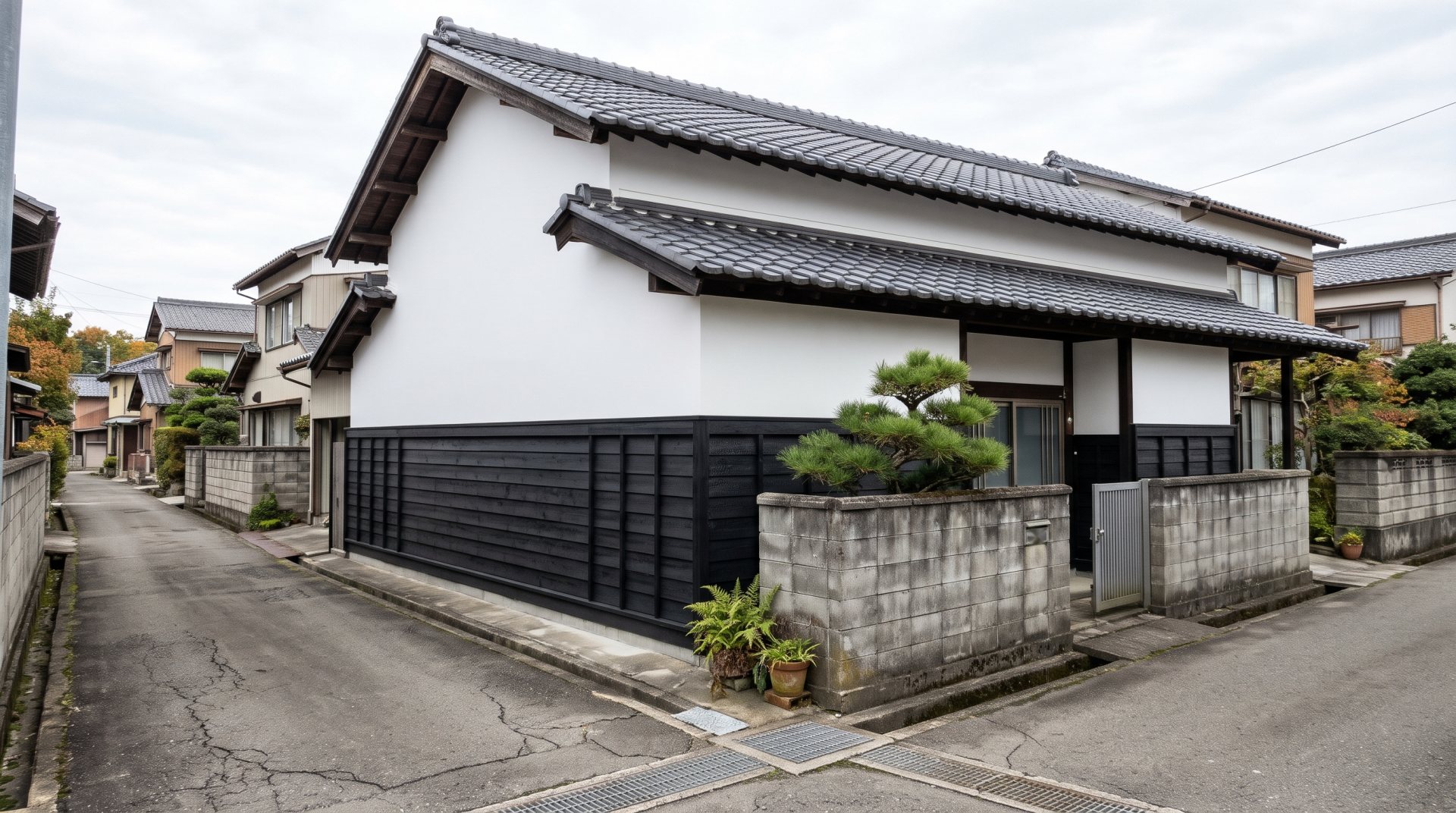 白い漆喰の壁と、黒い焼き杉の板張りの外壁の家（イメージ）